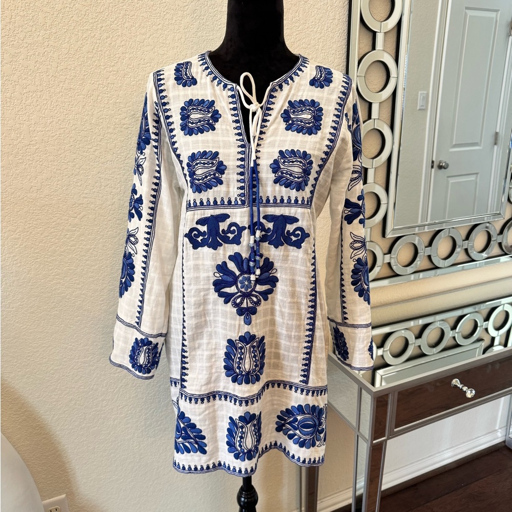 White and Blue Embroidered Tunic Dress